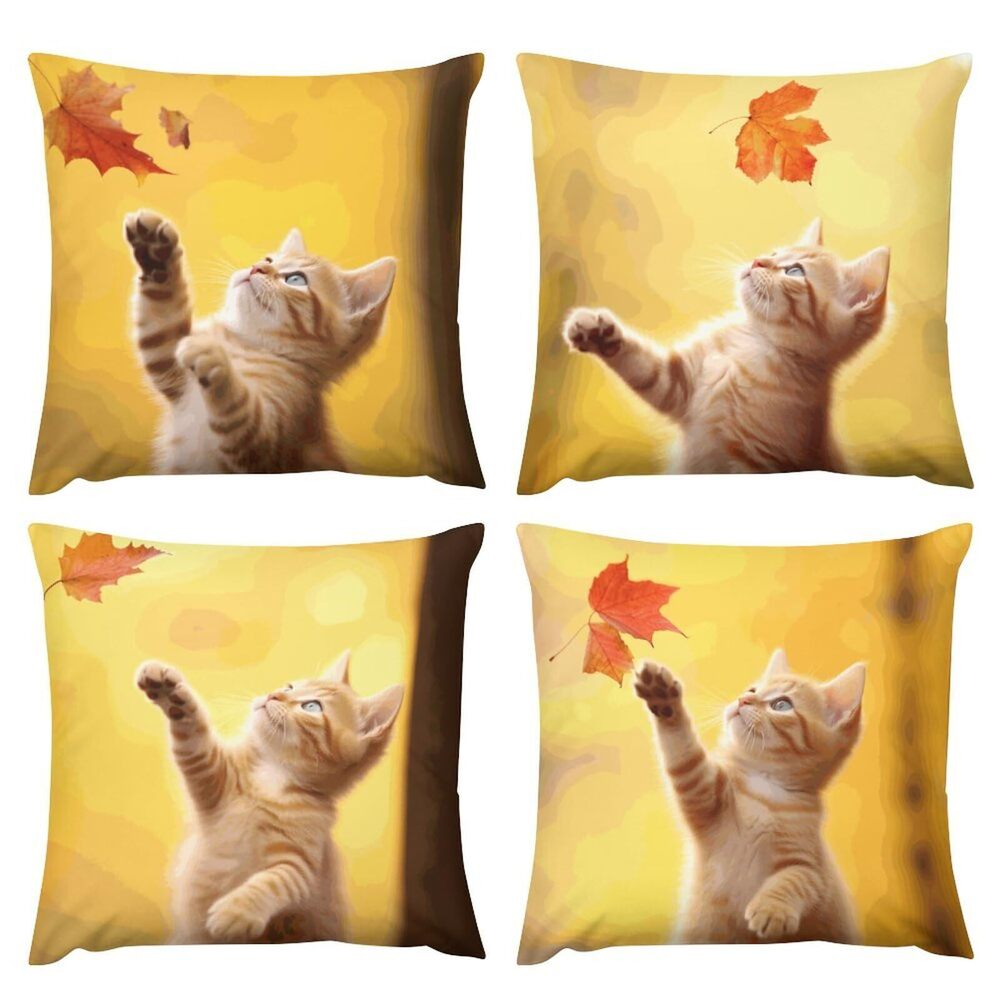 9686 Pack of 4 Fall Autumn Cat Maple Leaf Decorative Throw Pillow Covers 18